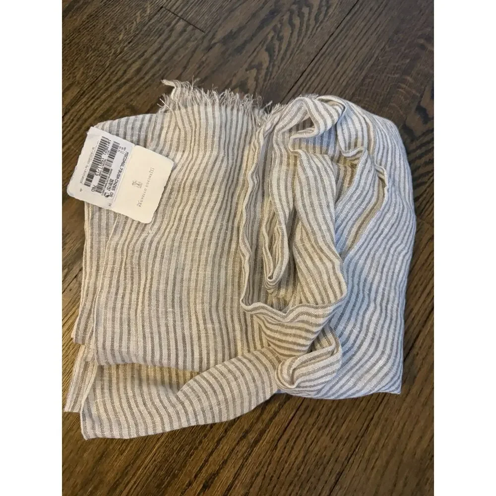 Brunello Cuchinelli Linen Striped Scarf With Fringe NWT $1650